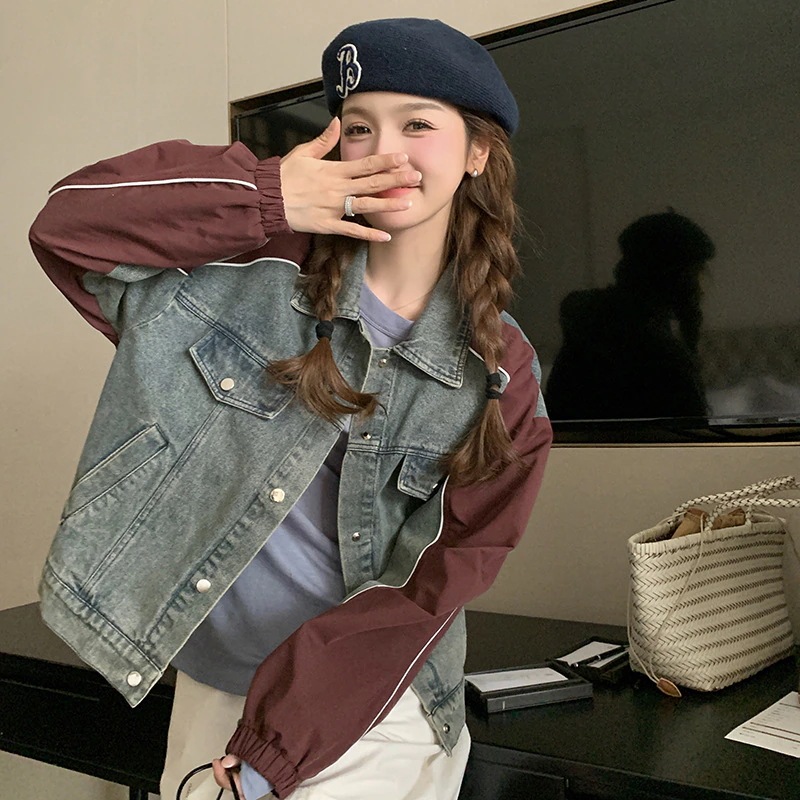 ハンサムなスプライシングデニムジャケット2024新しいヨーロッパと米国のファッション野生の緩い薄いカジュアルジャケットトップス