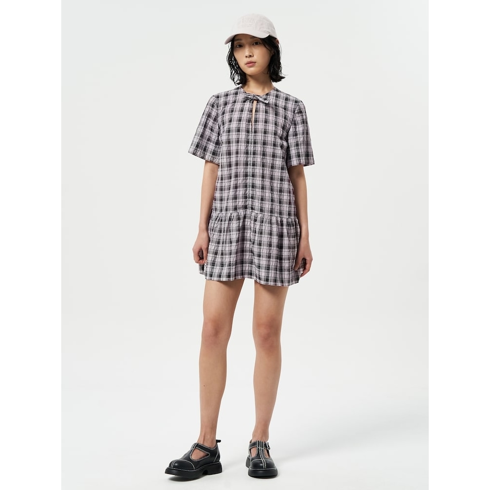 GANNI [エクスクルーシブ] シーサッカーチェックミニドレスプチ-ライトライラック FW24-QN4571C01Y