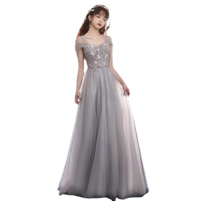 グレー レディースドレス かわいい 小柄 チュールスカート 着痩せ 編み上げ ロング丈ワンピース Aライン おしゃれ 結婚式 ウェディングドレス 演奏会 音楽会 披露宴 20代 30代 ４０代 S M