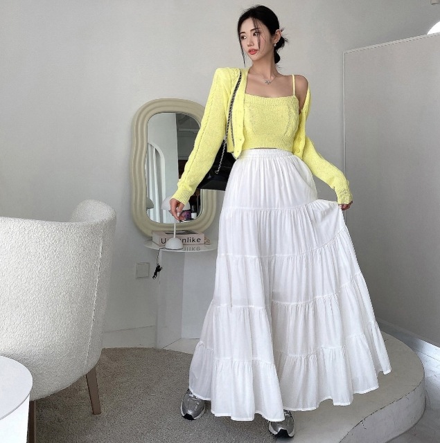 韓国ファッション 5段カンカンロングスカート 韓国スカート 韓国アパレル アパレル スカート ロングスカート 韓国衣類