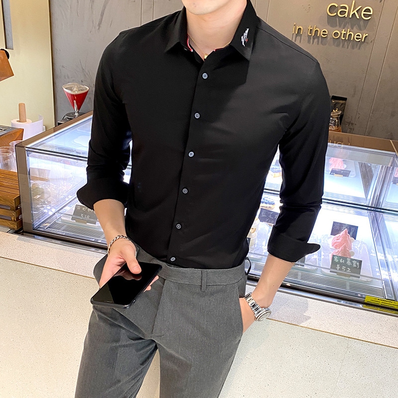 ファッション刺繍純色シャツ男性長袖身だしなみカジュアルビジネスアイロンフリーフォーマルシャツ男性