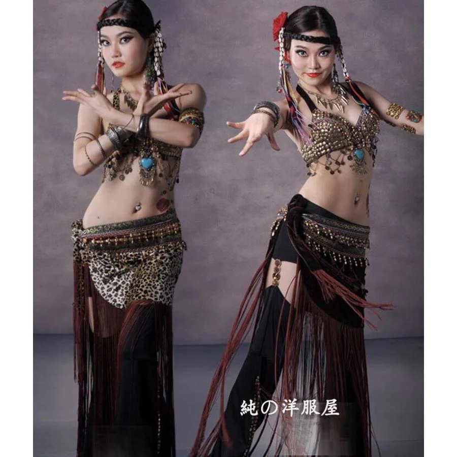 大人 ベリーダンス 衣装2点セット 部族 民族風 パフォーマンス ベリーダンス 練習着 レッスン着 コイン ブラトップ チェーン フリンジ ヒップスカーフ30%までに制限