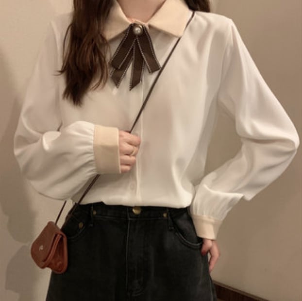 トップス シャツ ブラウス カットソー 袖あり 長袖 レトロ リボン ホワイト きれいめ シンプル カジュアル 大人 上品 おしゃれ S M L 主役級 存在感 春 秋 10代 20代 30代 個性的