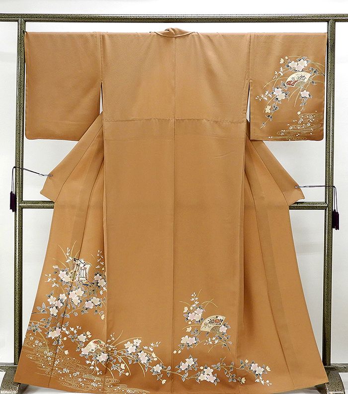 単衣 訪問着 新品仕立済 正絹 単衣 扇御所車花模様 訪問着 新品 仕立て上がり 着物