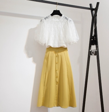 2点セット ブラウス スカート 透け感 ウエストゴム スカート レギュラー丈 半袖 Uネック スリム 細身 ストレート スマート レース 刺繍 ハイウエスト シースルー 薄手 かわいい きれいめ