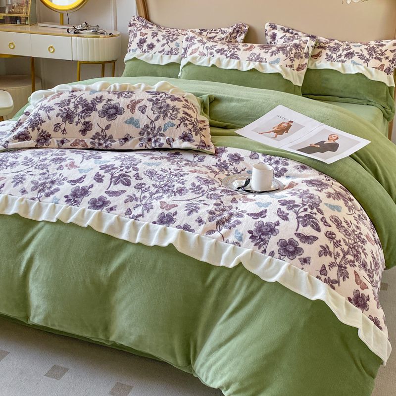 ins式韓国風フリルミルクベルベット4点セット厚みのあるコーラルベルベット掛け布団カバープリンセス風ベッド3点セット1人用30%制限