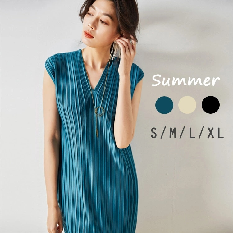 ワンピース 膝下 夏ワンピ プリーツ Vネック エレガント オフィス おしゃれ 無地 大きいサイズ ゆったり 体型カバー きれいめ 上品 20代 30代 40代 着やせ