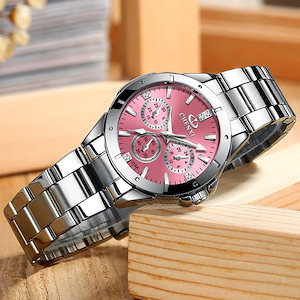 レディース 腕時計 防水 腕時計 見やすい時計 かわいい おしゃれ クロノグラフ デザイン ウォッチ ピンク ステンレスベルト バンド調整無料