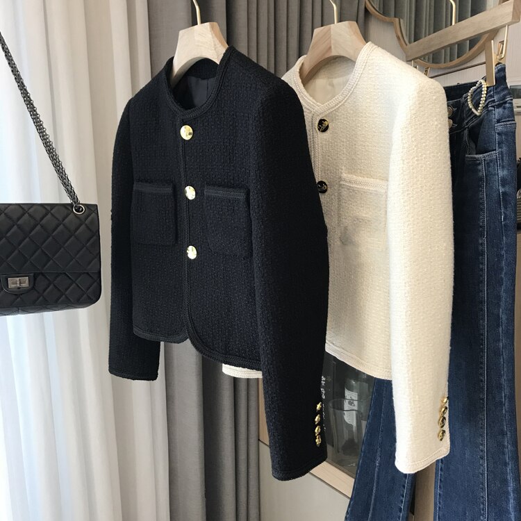 アウター ジャケット レディース ツイードノーカラージャケット 長袖 丸襟 ツイード素材 ボタン 秋冬 秋ジャケット 冬ジャケット 入学式 卒業式 パーティー キャリアウーマン 行事 フォーマル