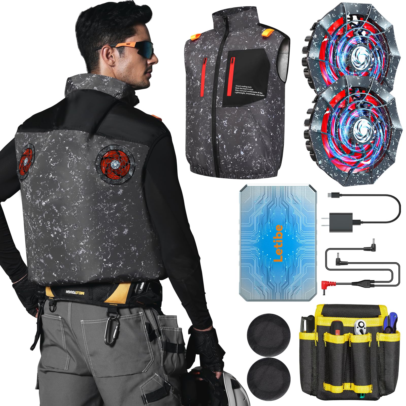 [KOMOAKI] 空調作業服 ファンバッテリーセット 作業ベスト 暴風 IP45耐水防塵 ファン付き作業服 日本製ブラシレスモーター LED液晶ディスプレイ搭載 熱中症対策 屋外作業 猛暑対策 (J