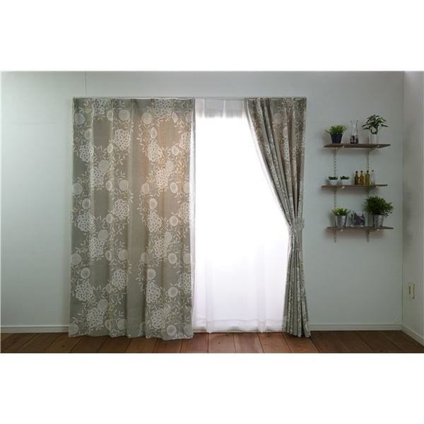 遮光カーテン/柄物カーテン 幅100cm丈135cm グレー 1枚入り 遮光2級 タッセル付き 形状記憶加工 ハナカザリ