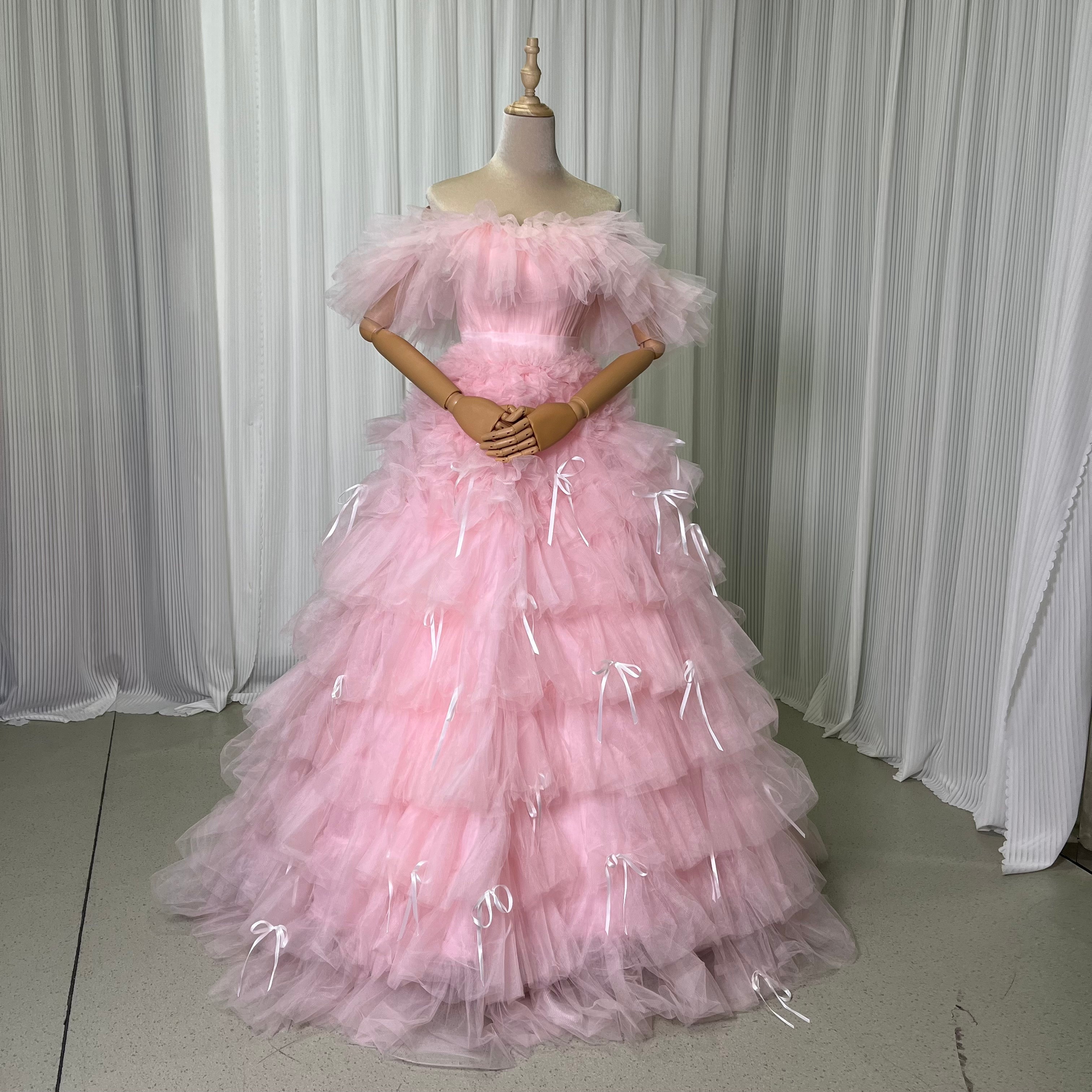 カラードレス ピンク オフショル 編み上げ プリンセスライン ソフトチュール フリルドレス