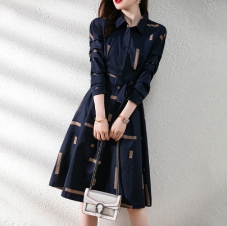 ワンピース モテアイテム エレガント 可愛い ひざ丈 長袖 襟付き フレア Aライン ボタン ウエストマーク ウエストリボン 可愛い きれいめ シンプル 上品 おしゃれ お洒落 レトロ