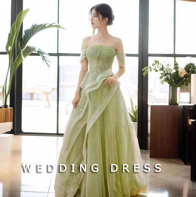 【NEWカラー追加】高級感 オシャレ レディース ドレス ウェディングドレス パーティー 宴会 お呼ばれ オフショルダー グリーン 森系 チュールスカート 編み上げ 礼服 エレガント 上品 キレイめ