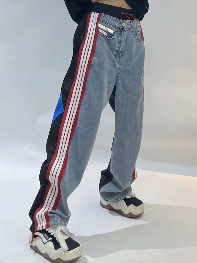 サイドライン異素材MIXデニムパンツ 異素材MIXデニム パンツ デニムステッチナイロンパンツ レディース 春秋 ボトムス デニムジーンズ モード系 カジュアルストリート アメカジコーデ オシャレ 可