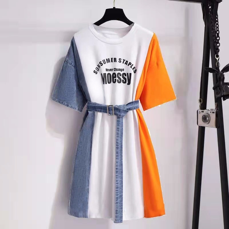 トップス Tシャツ ロングシャツ ワンピース シャツワンピース デニムステッチ 半袖 スカート ベルト デニム 夏 ポリエステル 切り替えデザイン M L XL 2XL 3XL プリント シャツ