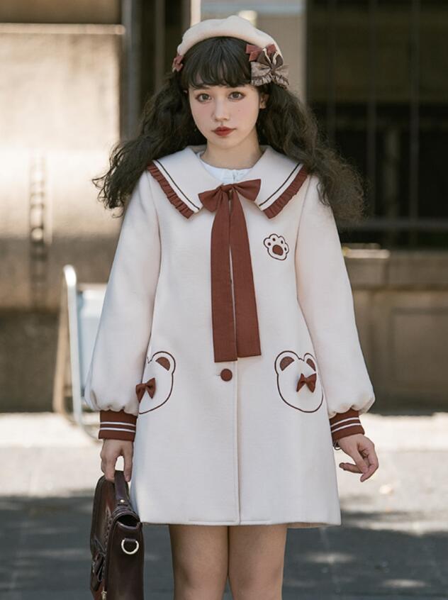 コート 秋冬 レディース ミドル丈 膝丈 コート 可愛い ロリータ服 マリン風 アウター Aライン リボン クマ キュート チェスターコート ダッフルコート 甘ロリ JKジャケット 制服 学生服 ロリ
