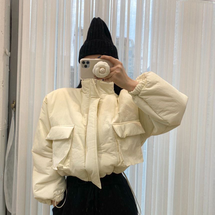 アウター ジャケット ショート ショートジャケット スタンドカラー 無地 ポケット 厚手