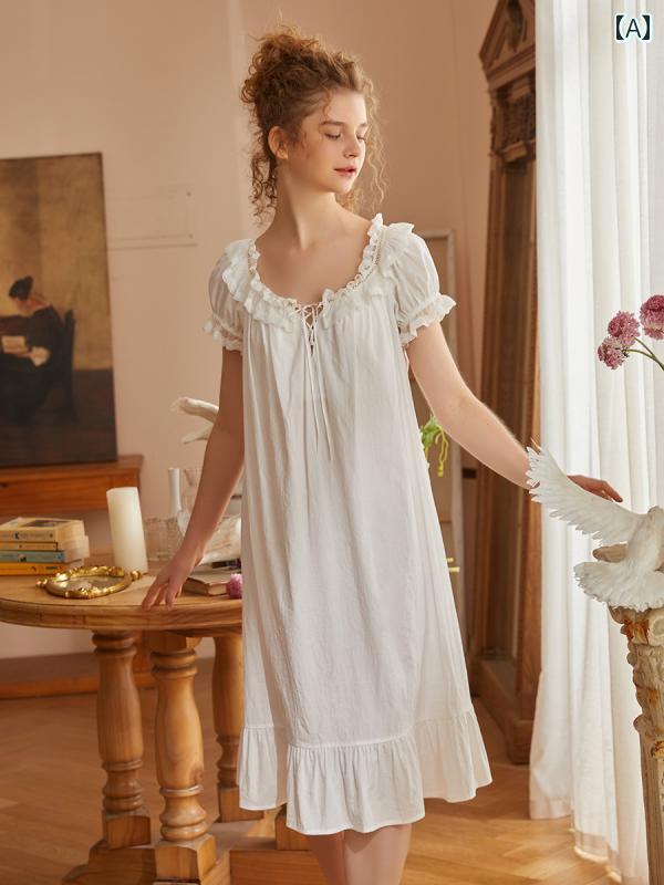 ネグリジェ パジャマ レディース 宮廷風 半袖 レース フリル ワンピース ドレス シンプルフレンチ 上品 ルーム ナイト ホームウェア