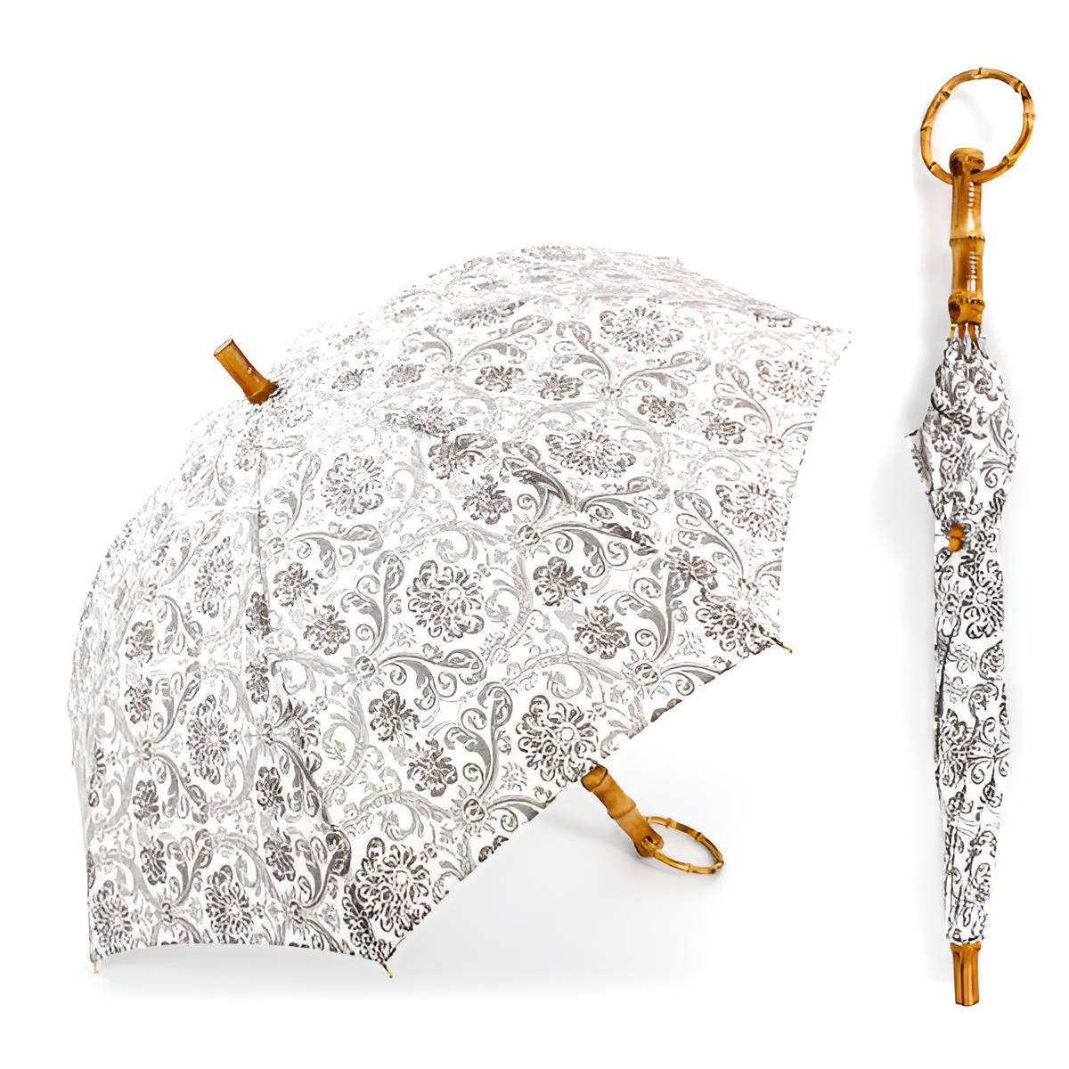 日傘 SUR MER 綿麻シーチング ダマスク柄 長傘 ホワイト 日本製 sur mer シュルメール 傘 かさ レディース 綿 麻 ダマスク UVカット おしゃれ アンブレラ 紫外線カット