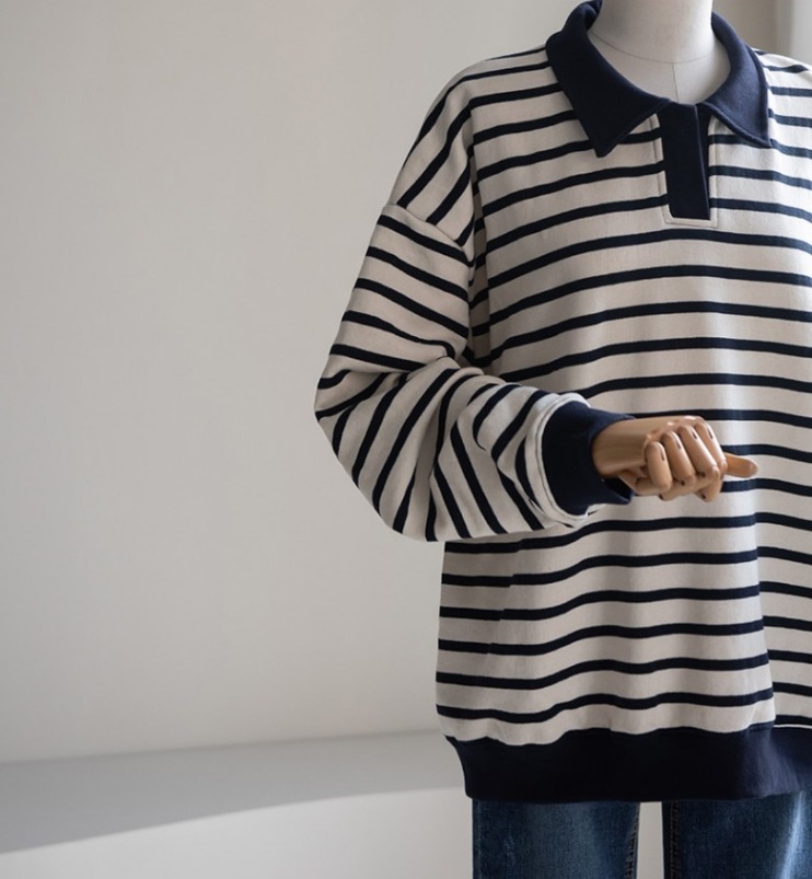 カジュアルポロシャツ ボーダー柄シャツ ボリューム袖トップス カジュアルシャツ トップス Tシャツ シャツ プルオーバー 袖あり 長袖 ボリューム袖 Vネック 襟付き かわいい 大人可愛い シンプル