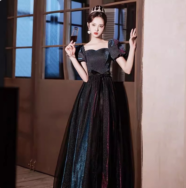 ドレス ワンピース パーティー 発表会 ステージ 舞台 衣装 マキシ 半袖 Vネック スクエアネック Aライン ウエストリボン バックコンシャス 透け感 可愛い きれいめ シンプル 大人可愛い 主役級