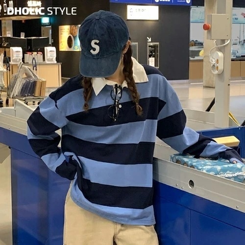 ポロカラーラグビーボーダーTシャツ・p593299 レディース トップス 長袖 カラーネック ポロカラー Tシャツ ラグビー ボーダー カジュアル お出かけ カラフル ルーズ 秋 冬 ST