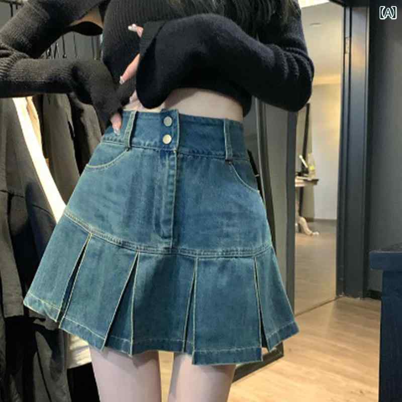 デニムスカート ミニ プリーツ レディース 洋梨型 レトロ 夏 ショートスカート 大きい サイズ ハイウエスト ブルー ブラック