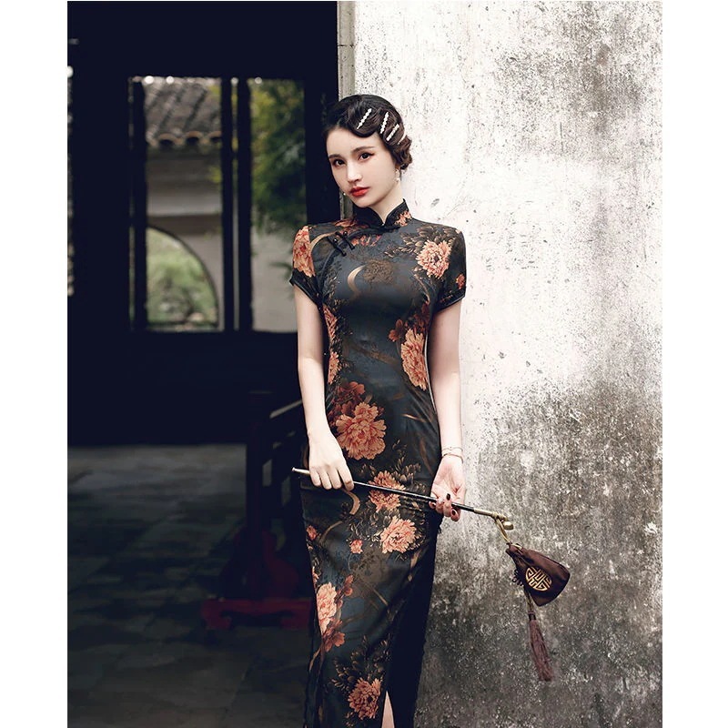 古い上海のチャイナドレスの若い女性の2025年夏の毎日のスリムでエレガントな長い改良されたドレス 母の日 母の日-0007793
