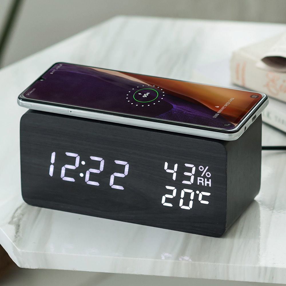 フライトウッドLED温湿度携帯電話ワイヤレス充電LED卓上時計+ USBアダプタ/グッドデザイン/クイック配送
