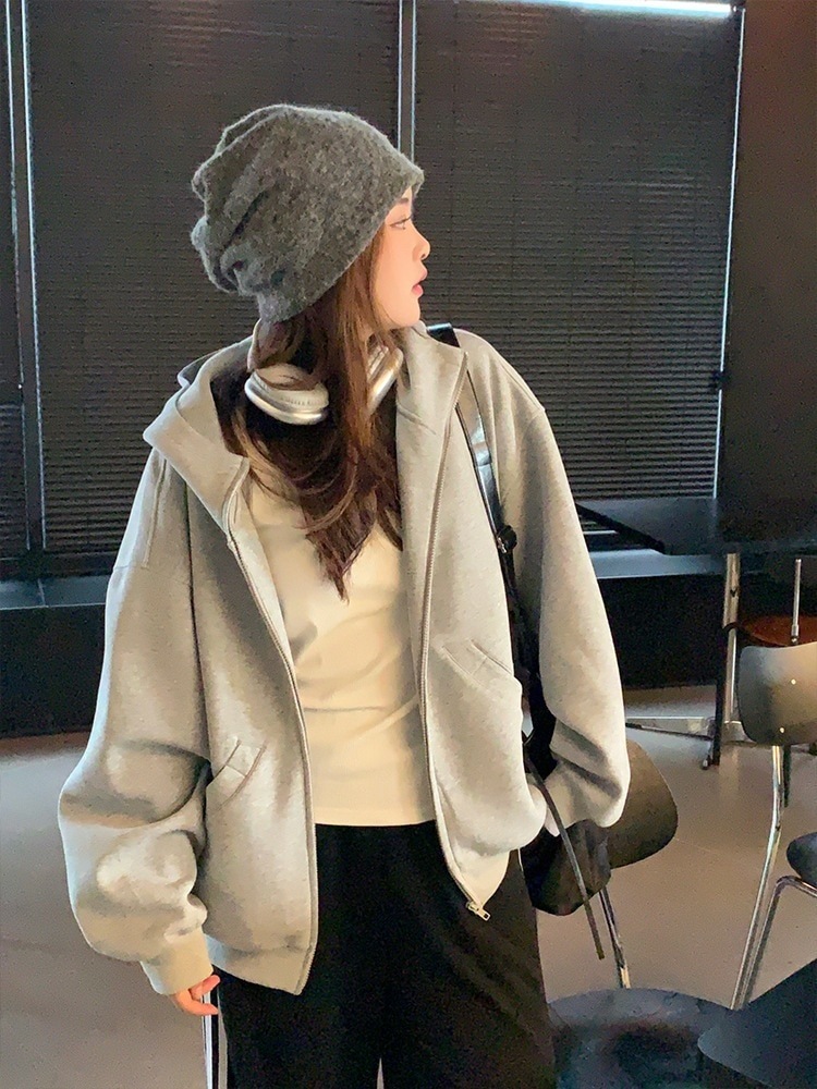 ジップフード付きトップカジュアル薄いジャケットソリッドカラー2024新しい多目的な学生のセーターの韓国語バージョン