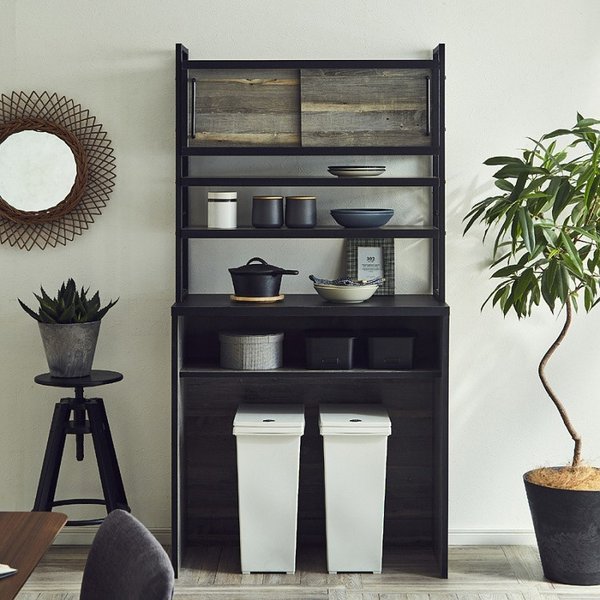 食器棚 上部引戸タイプ 幅90 レンジ台 アンティーク 古木柄 カップボード アイアンフレーム 国産