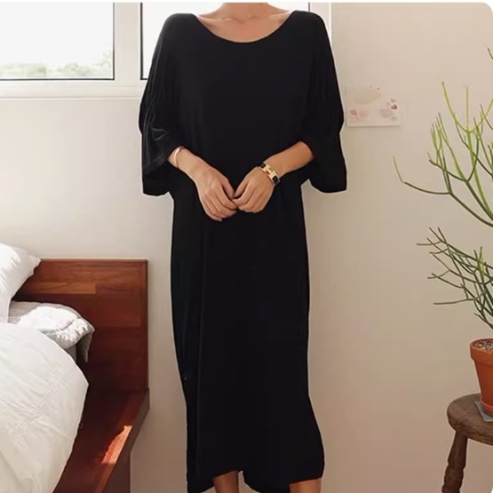 ワンピース レディース 膝下 ミモレ 7分袖 ラウンドネック 襟なし ワイド ストレート 背中開き フェミニン スリット 肌見せ セクシー 大人可愛い きれいめ シンプル カジュアル 上品 おしゃれ