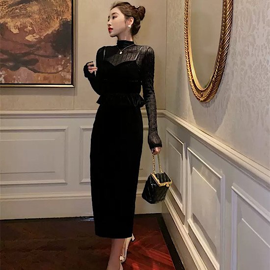 【取寄：納期2週間】結婚式ドレス ベルベット 長袖 ハイネック スリム 発表会 演奏会 レディース スリムドレス 結婚式 ステージ衣装 ミモレ丈 エレガント ウエディングドレス カラードレス 高貴