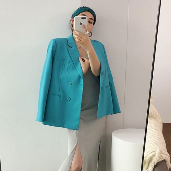 【取寄：納期2週間】テーラードジャケット レディース ブルー ミディアム丈 ジャケット レディース ゆったり 体型カバー テーラードジャケット レディース おしゃれ 大人 テーラードジャケット 7,293円