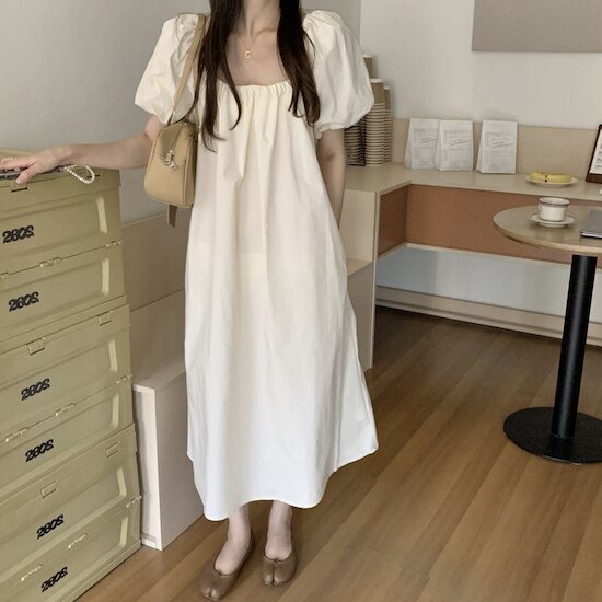 【取寄：納期2週間】ワンピース 半袖 レディース パフスリーブ スクエアネック ギャザー 大きいサイズ 体型カバー 春夏 ミモレ丈 ワンピース 半袖 レディース パフスリーブ スクエアネック ギャザー
