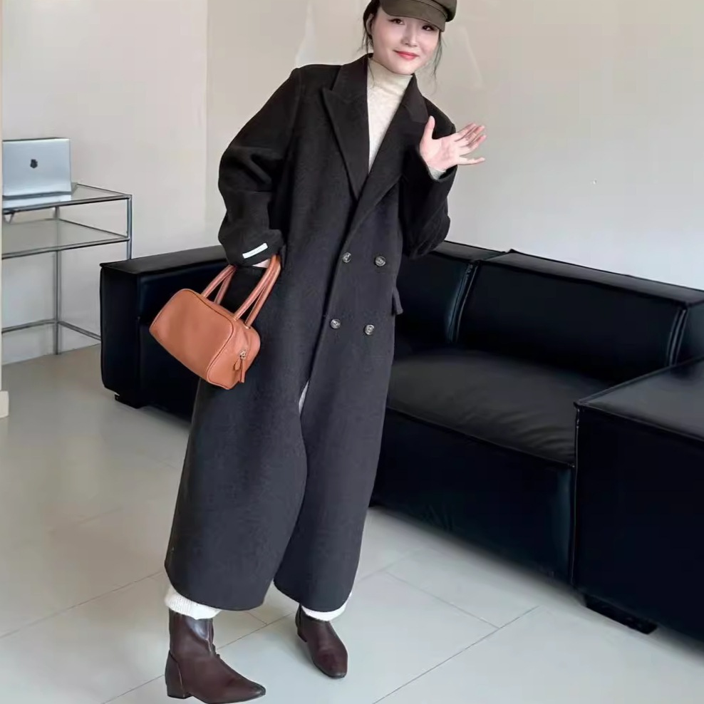 高級ヘップバーンスタイルのスーツスタイルのダブルフェイスウールコートピークドラペル長くて厚手のカシミアダブルフェイスウール韓国風アウター