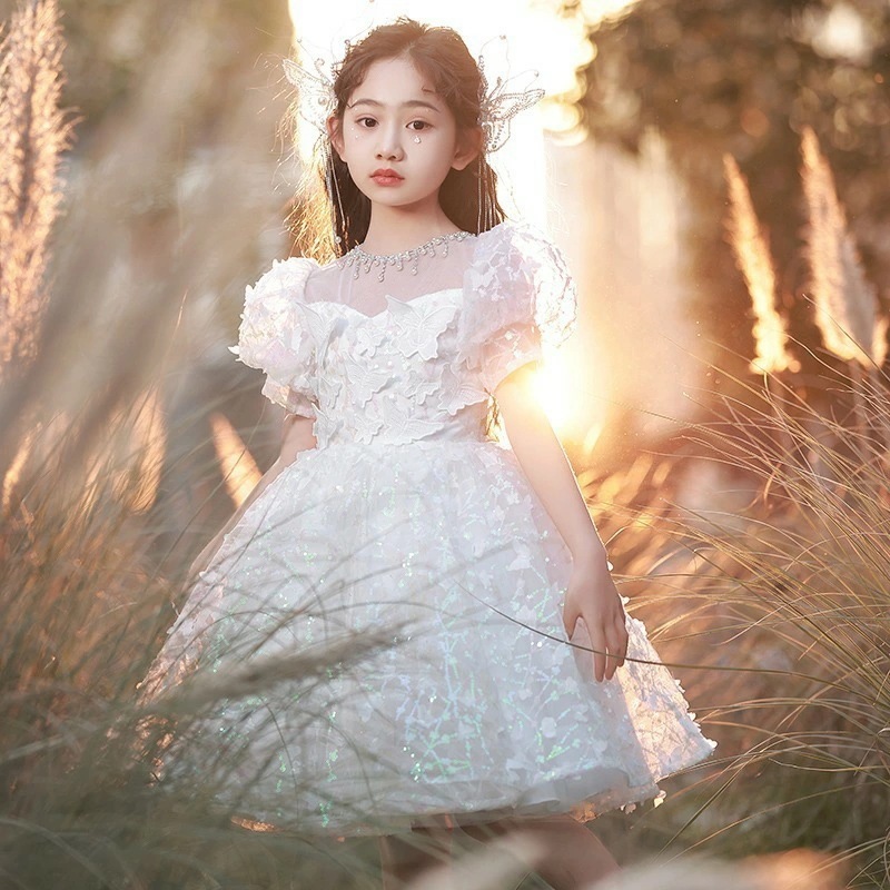 子供ドレス 白 ショート丈 七五三ドレス 女児ドレス 結婚式 蝶柄 可愛い 女の子ドレス ピアノ発表会 演奏会ドレス ホワイト キッズドレス 子どもドレス ショート 100~160cm