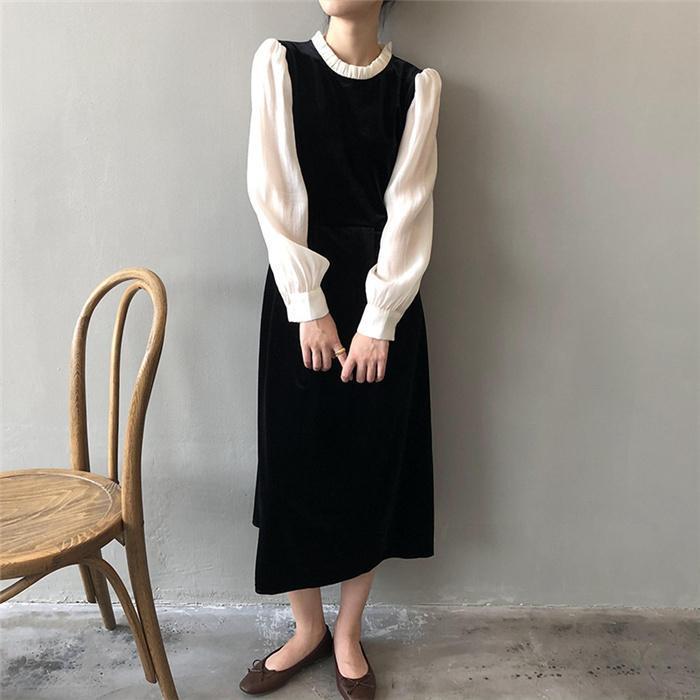 ワンピ―ス 長袖 ロング丈 切替 レディース レイヤードワンピ―ス Aライン フリル モード 配色 大きいサイズ 大人 おしゃれ 通勤 おしゃれ