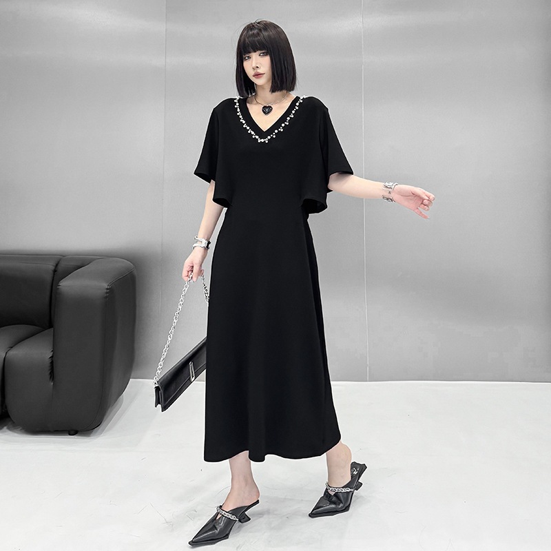 【J.Fashion】 エレガント デザイン感ロングワンピース 着痩せVネック ワンピース レディース ゆったり 体型カバー 半袖 tシャツワンピース 夏