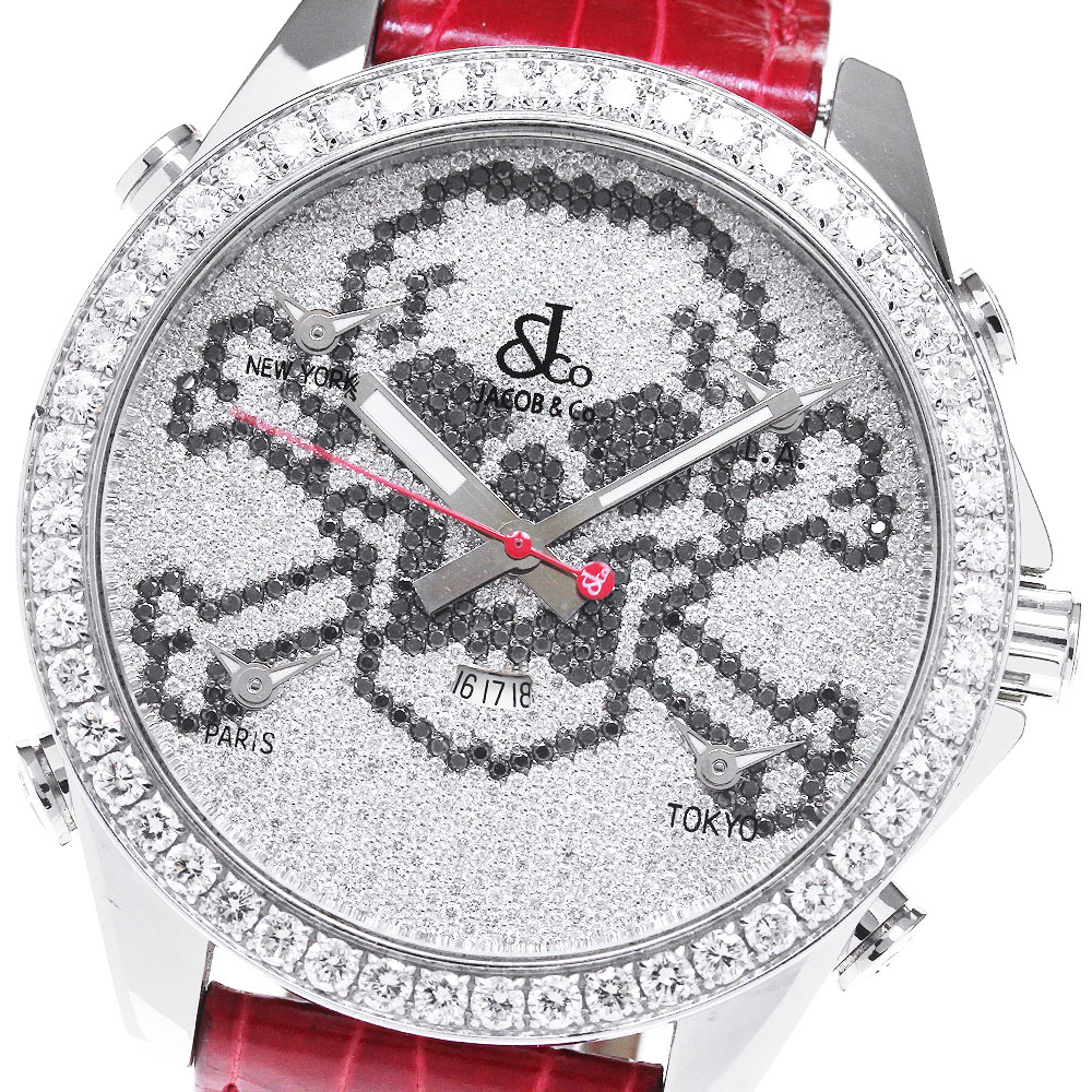 ジェイコブ JACOB&CO 5タイムゾーン スカル ダイヤベゼル クォーツ メンズ 箱付き_830496【中古】