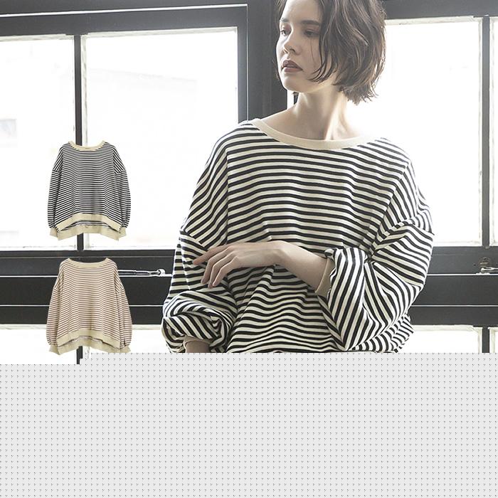 【迅速出荷】販売最低価 ! トップス レディース 秋 冬 長袖 ボリューム袖 ぽわん袖 体型カバー 大きいサイズ ビッグシルエット オーバーサイズ 大きめ ボーダー