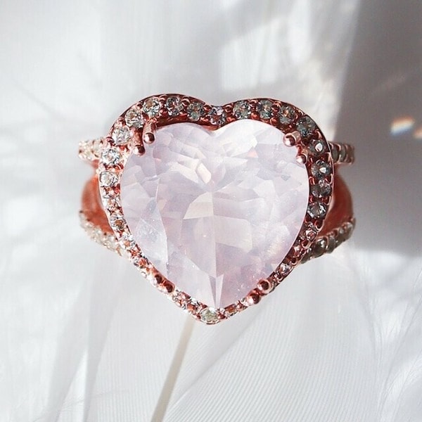 ハートシェイプ Halo リング ローズクォーツ 5カラット 13mm メレストーン　サイズ：10号