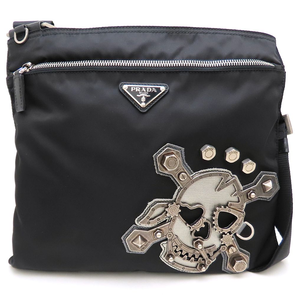PRADA プラダ トライアングルプレート スカル フラット ショルダーバッグ VA0859 ナイロンxサフィアーノレザー ブラック レディース/353017【中古】 46,368円