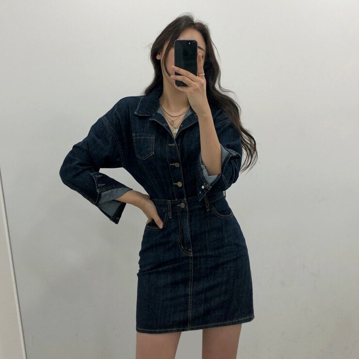 ワンピース レディース デニムワンピース デニム デニムワンピ デニムシャツワンピース 長袖 ミニ ミニ丈 フロントボタン 薄手 ハイウエスト レトロ かっこいい おしゃれ お洒落 ハイセンス