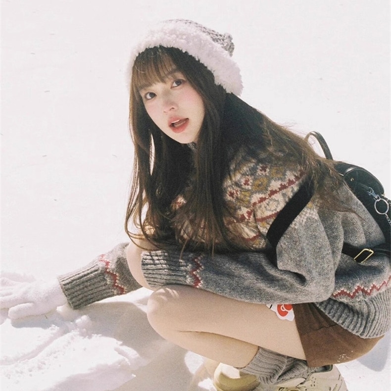 セーター ニット トップス ワイド ブルゾン ハイネック ノルディック柄 パーカー ドロップショルダー 長袖