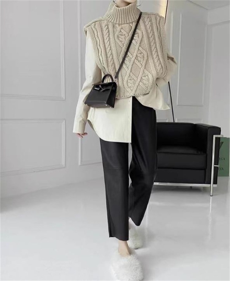 韓国ファッション 伸縮性のあるウエスト ストレート カジュアルパンツ 23 裏起毛 ハイウエスト ストレートパンツ スラックス ロングパンツ 九分丈パンツ PU