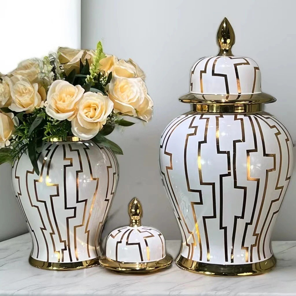 フラワーポット 花瓶 高級セラミック ゴールドのライン 蓋つき お洒落 ラグジュアリー ヨーロピアン シック ホテルライク ロビー オフィス リビング
