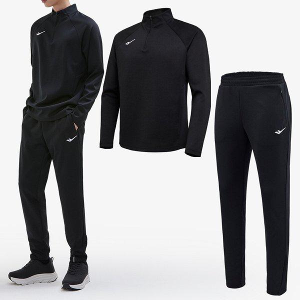 メンズ ブラック ニット サッカーフィット ハーフジップ 上下セット / 男性用 春秋 サッカー ランニング セットアップ MF24F102+MN24F132_IC