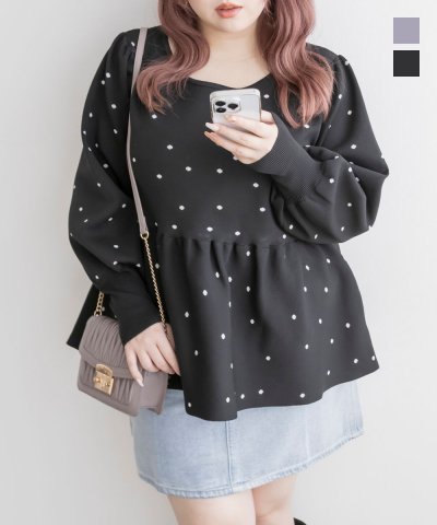 大きいサイズ レディース LL 3L 4L XL XXL XXXL CLETTEオリジナルドット柄ペプラムニット